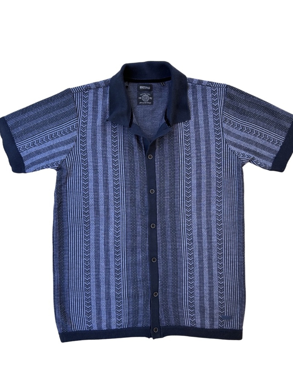 Vintage-Look Button-Up Polo Sweater - Navy / Blue- Pattern - Men Sz Small